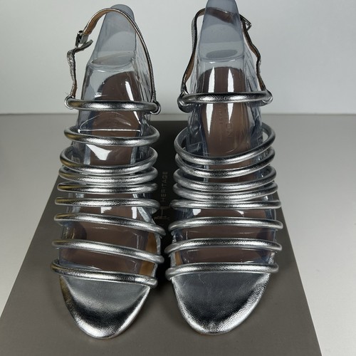 Halston Heritage Vanna Silber Metallic Leder einzigartige Absatz Sandalen Größe 7 - Bild 6 von 9