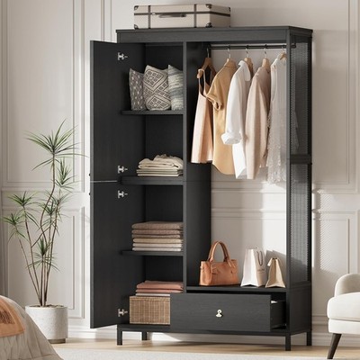 78.9 in Wood Wardrobe Cabinet with Shelves Hanging Rod & Drawers for Bedroom Use