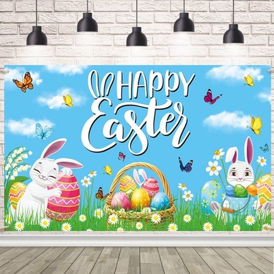 Happy Easter Backdrop Banner Colorful Flower Eggs Spring Bunny Butterfl Grasslan
