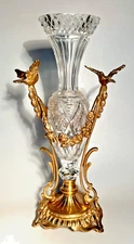 Vintage Cut Glass Epergne Vase in Fancy Brass Stand - Birds and Draped Flowers