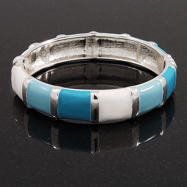 Light Blue/White Enamel Hinged Bangle Bracelet In Rhodium Plated Metal - 18cm