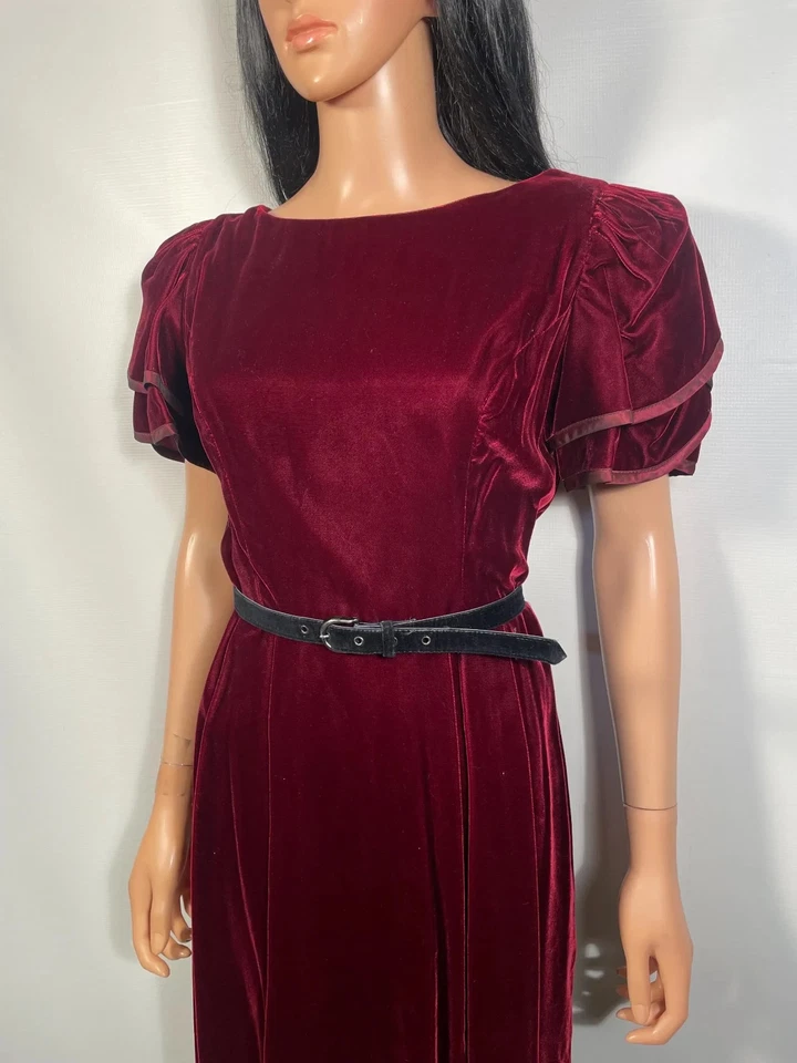 Vintage 80s Lanz Burgundy Velvet Puff Sleeve Holiday Party Dress Size S/M - Image 3 of 4