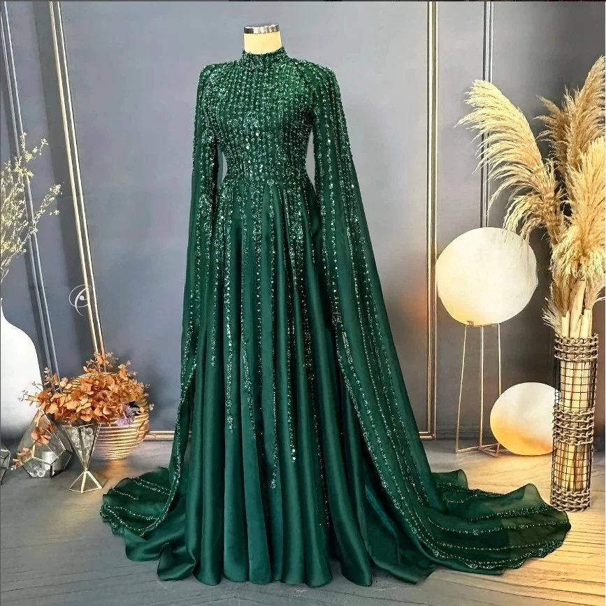 green emerald velvet dress Green Muslim Wedding Dress With Gold Lace Applique DQG038