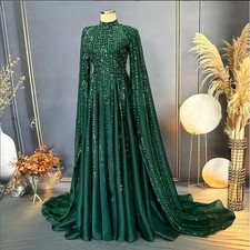 Muslim Dark Green Wedding Dresses Split Long Sleeve Long Sleeves Scoop Neck