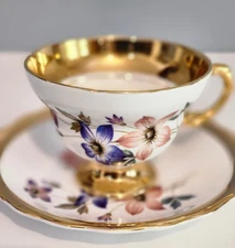 Rosina Bone China Footed Tea Cup and Saucer With Wide Gold Trim, Vintage
