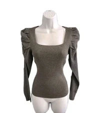 Jolie & Joy Ribbed Knit Top Long Sleeve Puff Shoulders Size Medium Gray Slim Fit