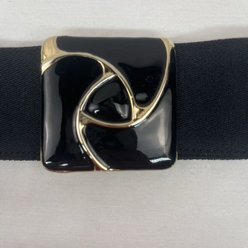 VTG 1980s Day-Lor Black & Gold Enamel Buckle Black Elastic Waist Belt 25” + - Picture 2 of 8
