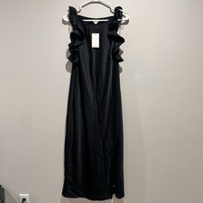 A New Day Womens MIDI Black Satin Slit Dress Ruffle Sleeve Sz M NWT