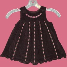 Vintage Brown Corduroy Dress Pleated Pink Flower Embroidery No Size Tag 3T 4T