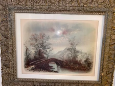 J. Hoover Moonlit Landscape with Stone Bridge Chromolithograph, copyright 1894