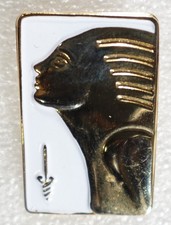 Egyptian Pharaoh Pinback Button Gold White Enamel Rectangle 1970s-90s Taiwan