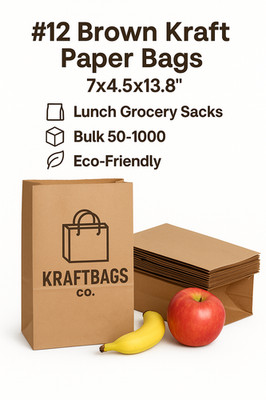 #12 Brown Kraft Paper Bags 7x4.5x13.8'' Lunch Grocery Sacks Bulk 50-1000