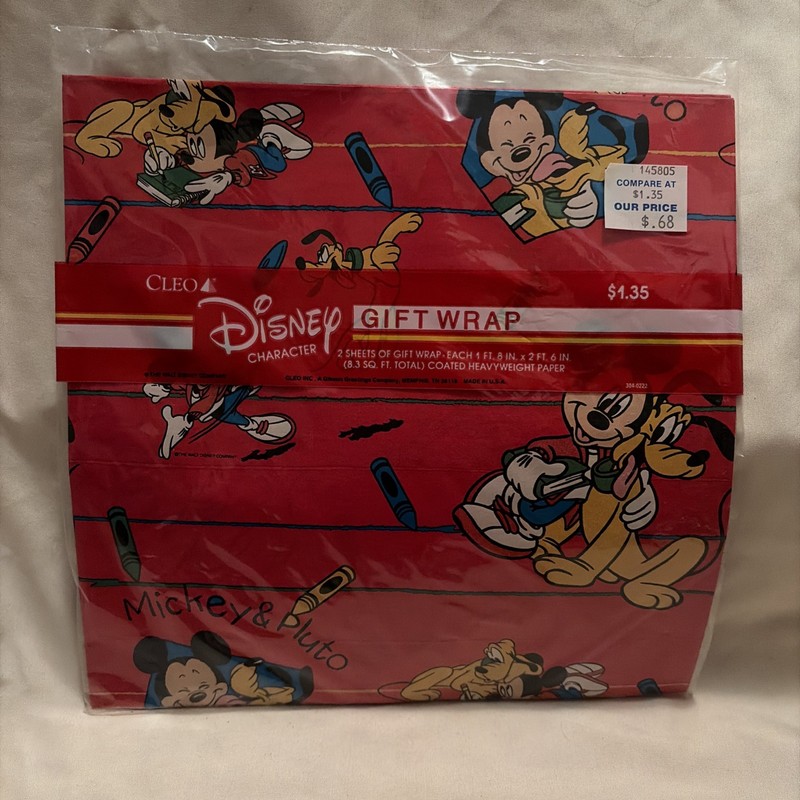 Vintage Sealed 1990s CLEO Disney Mickey Mouse Gift Wrap 2 Sheets Package Pluto