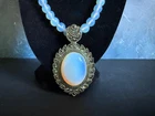 VINTAGE COSTUME JEWELRY NECKLACE SKY BLUE TRANSLUCENT GLASS BEADS W/ MARCASITE