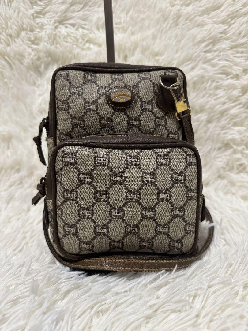 Gucci GG Plus Brown Canvas Leather Crossbody Shoulder Bag Authentic
