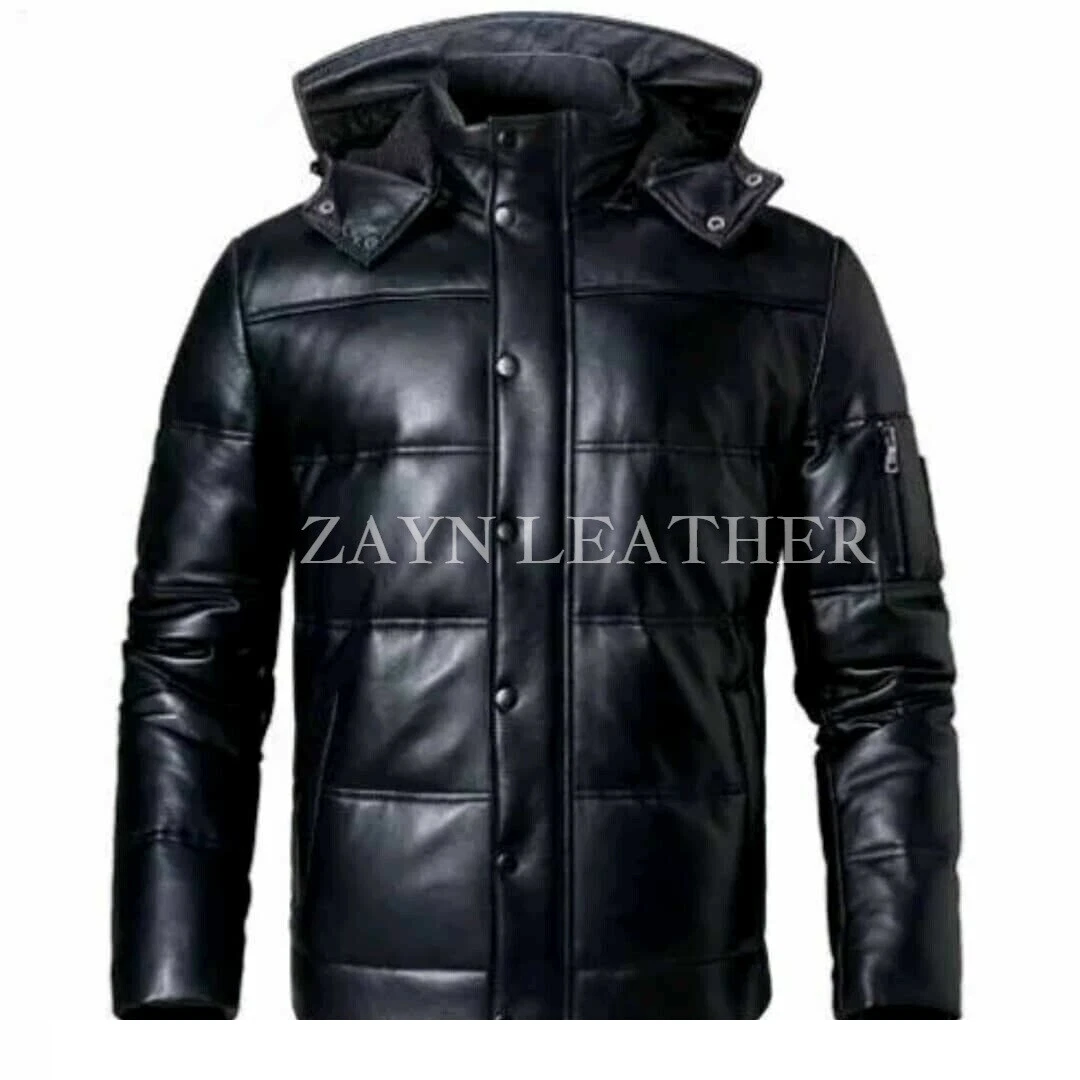 Men's Classic Winter Coat Real Soft Lamb Napa Leather Hooded Puffer Jacket Black