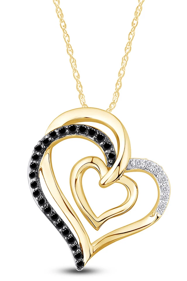 Collar Doble Corazón Inclinado Diamante Blanco y Negro Redondo 1/4CT Día de San Valentín 925 Foto 2 de 3