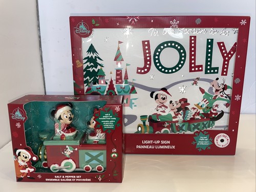 Disney Parks Holiday Mickey Christmas Train Light Up Sign And Salt & Pepper Set - 第 1/12 張圖片