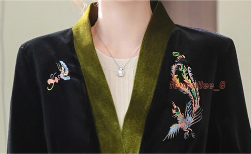 2PCS Women Chinese Embroidery Velvet Jacket V-neck Ethnic Cardigan Coat Trousers - Picture 17 of 18