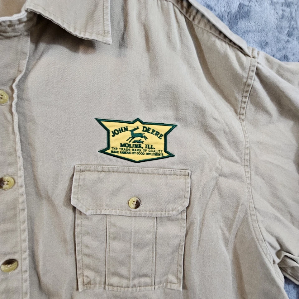 Camisa masculina uniforme vintage John Deere XL vestuário de trabalho bordado Kahki patch - Imagem 2 de 4