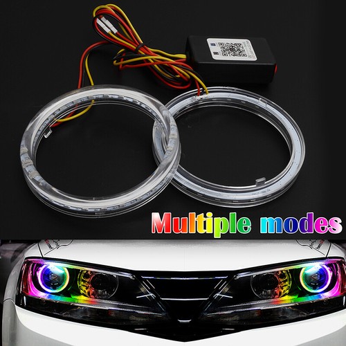 APP Control RGB LED Angel Eyes Light 2x 80mm 5050 Headlight with Halo Ring A - Picture 2 of 9