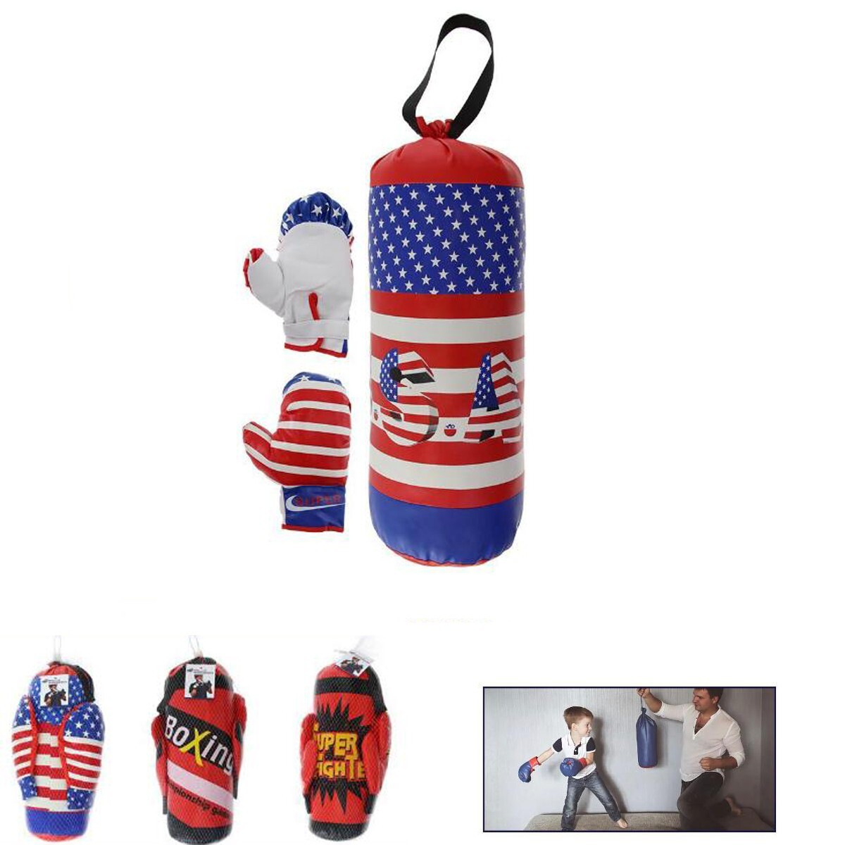 Kit Saco De Boxeo 41Cm Con Guantes Niño Juego Entrenamiento Boxeador Kick Box