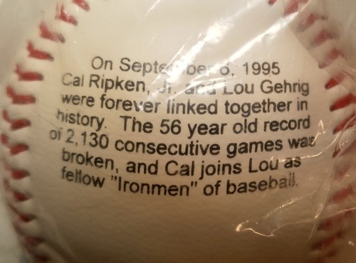 Béisbol conmemorativo Cal Ripken y Lou Gehrig Ironman 1995 recuerdo béisbol - Imagen 5 de 5