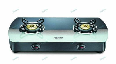 Prestige Premia Schott Glass 2 Burner Gas Oven Manual Ignition Black & White