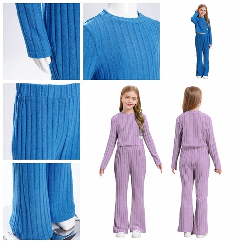 Kids Girls Pullover And Pants Flared Tracksuit Elastic Waistband School Suit - Picture 5 of 34