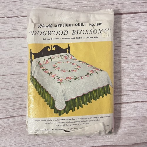 Vtg Bucilla Dogwood Blossoms Applique Quilt Kit Stamped 84" X 100" #1587 STARTED - Bild 2 von 23