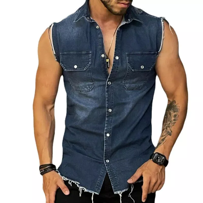 Men s Denim T shirt Lapel Sleeveless Cardigan Top Shirt Casual