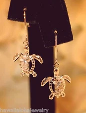 14mm Rose Gold Plated 925 Silver Hawaiian Honu Turtle Plumeria CZ Hook Earrings