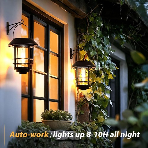 2 Pack Solar Lantern Outdoor Lights, Hanging Solar Wall Sconce Outdoor, - Picture 4 of 10
