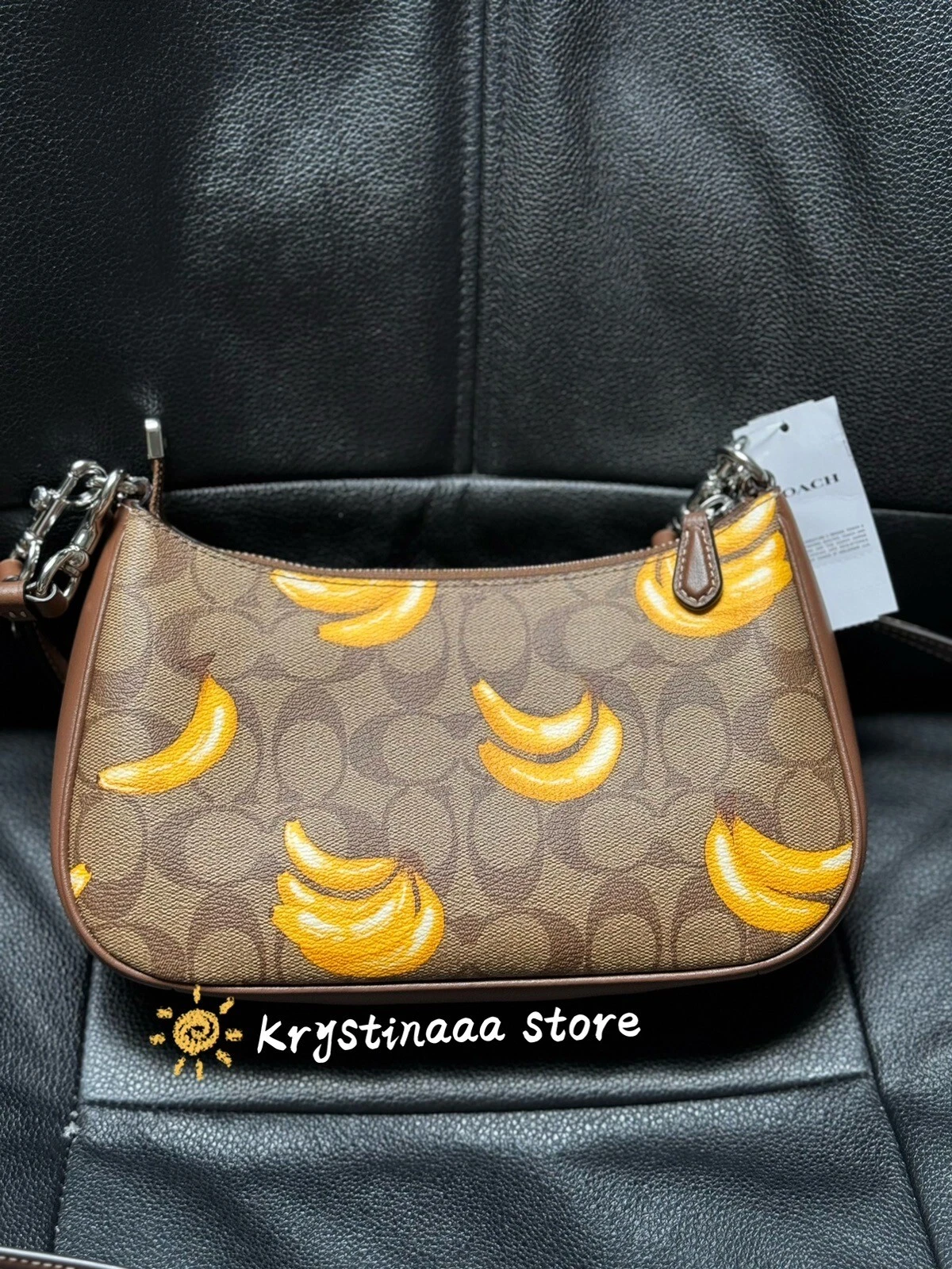 Borsa a tracolla COACH Teri firma tela pelle con stampa banana CR289 nuova con etichette