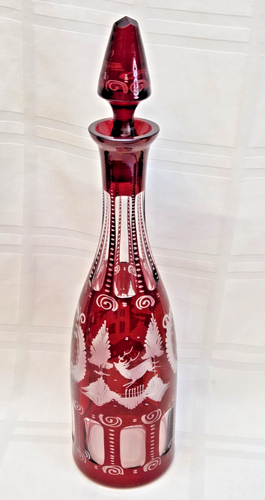 ANTIQUE BOHEMIAN DECANTER & STOPPER BOTTLE RUBY TO CLEAR MULTI-MOTIF