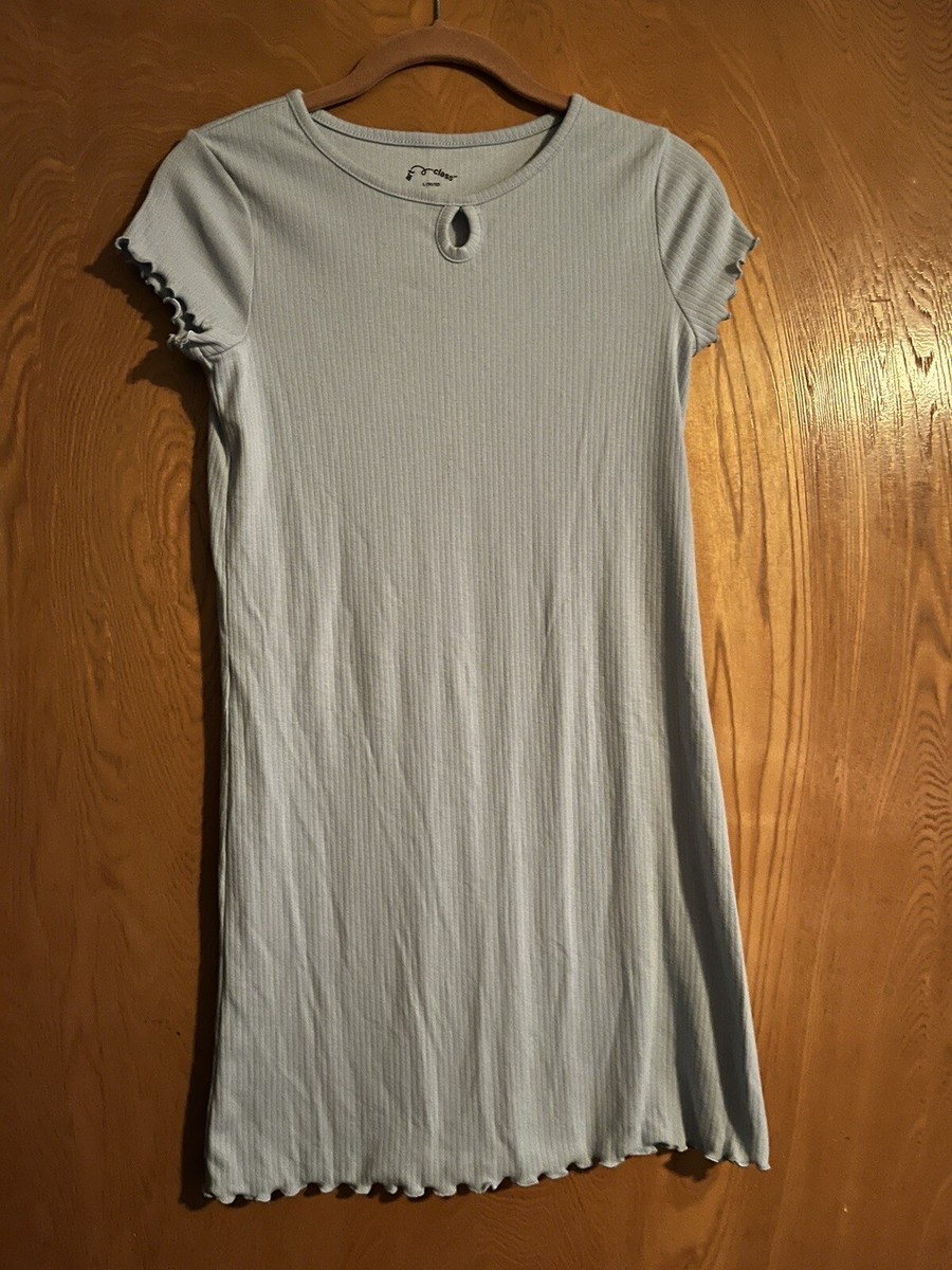 Art Class Light Blue Large 10/12 Lettuce Edge Ribbed Knit Dress Short  Sleeve | eBay