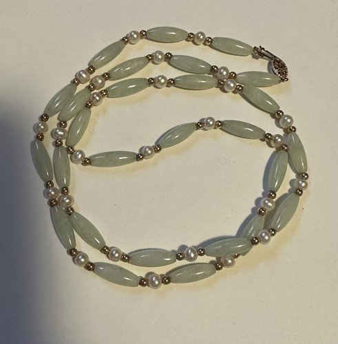 Jade & 14k Gold Bead & Pearl 26” Necklace - Picture 4 of 7