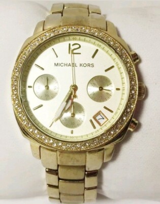 Women Michael Kors Watch Mk5179 Gold Case Steel Band Chronograph Crystal Acc 50m
