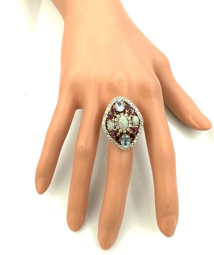 Magnifico Anello Oro - Opali , Acuta Marines, Rubino E Diamanti - 13,52 G - Foto 6 di 7