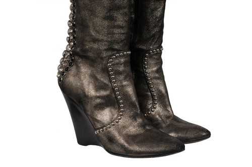 Giuseppe Zanotti Spike Studded Knee High Wedge Boots US 7 EU 37 Gray Leather - Picture 3 of 11