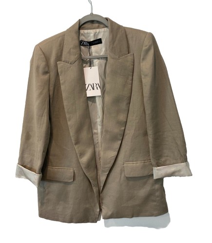 Zara Blazer Beige Linen Flip Cuff Open Front Minimalist Lagenlook Sz M NWT - Picture 3 of 9