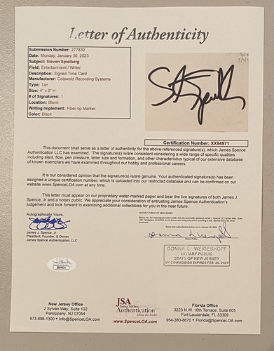 Steven Spielberg Firmada Autografiada 3.5 x 5.5 Tarjeta Completa de la JSA Mandíbulas Jurásicas - Imagen 2 de 2