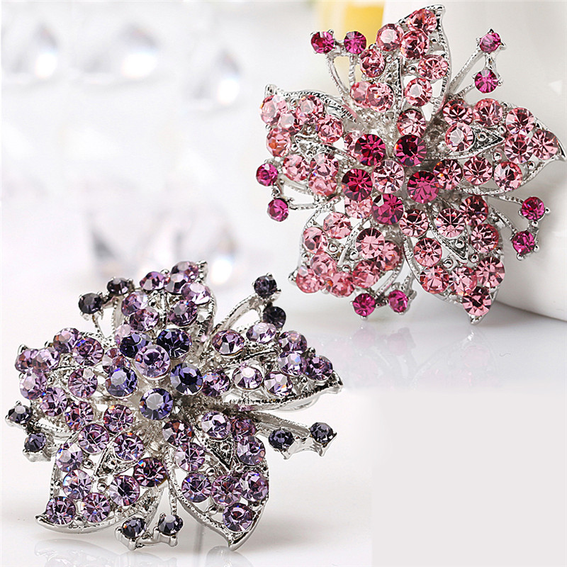 Women Fashion Crystal Large Flower Brooch Pin Rhinestone Charm Wedding