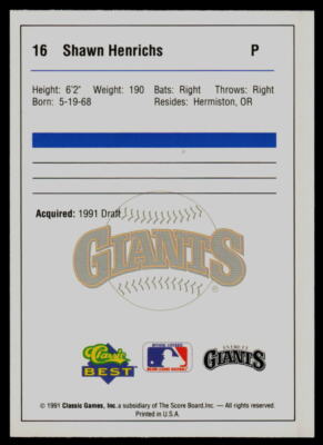 1991 Classic Best Shawn Henrichs Everett Giants | eBay