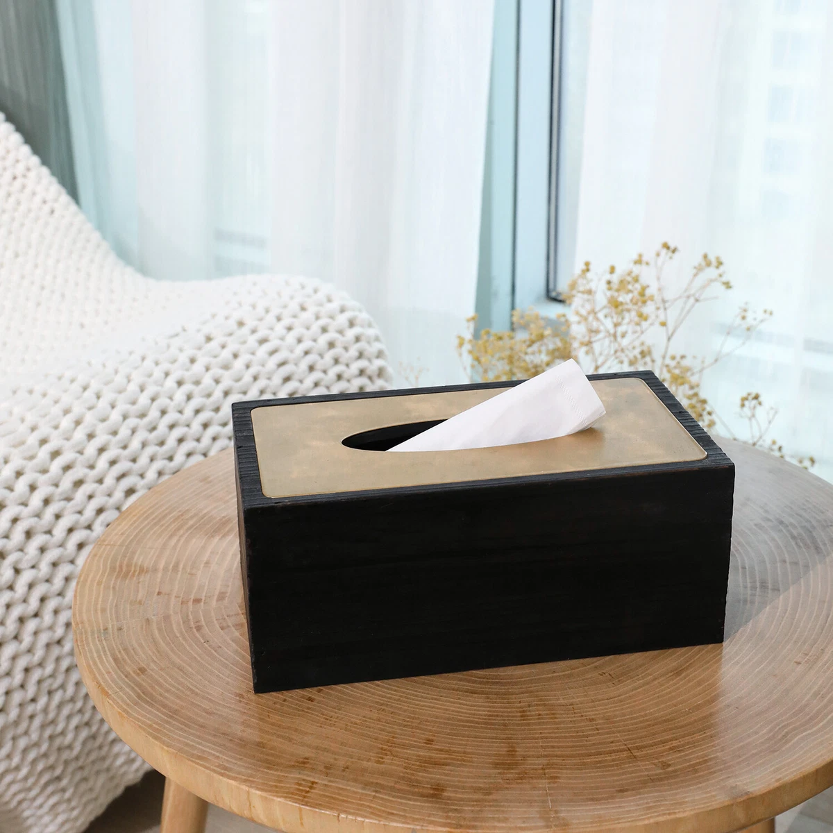 Rustic Distressed Dark Wood Rectangular Tissue Box Holder w Brass
