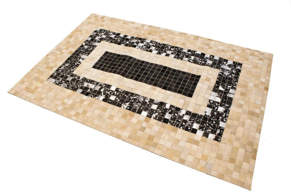 Hand-Stitched Black Beige Cowhide Leather Rug 4X6 ft Modern Contemporary Carpet - Image 4 of 4