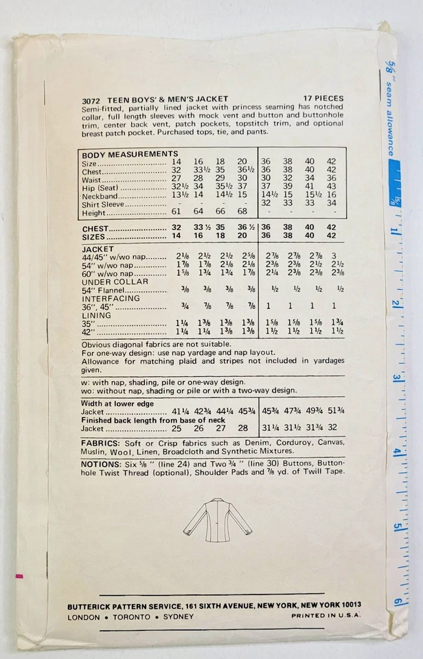 Chaqueta de Colección Años 70 Butterick Patrón de Costura 3072 Para Hombre Parcialmente Forrada Pecho 38 CORTE Foto 2 de 3