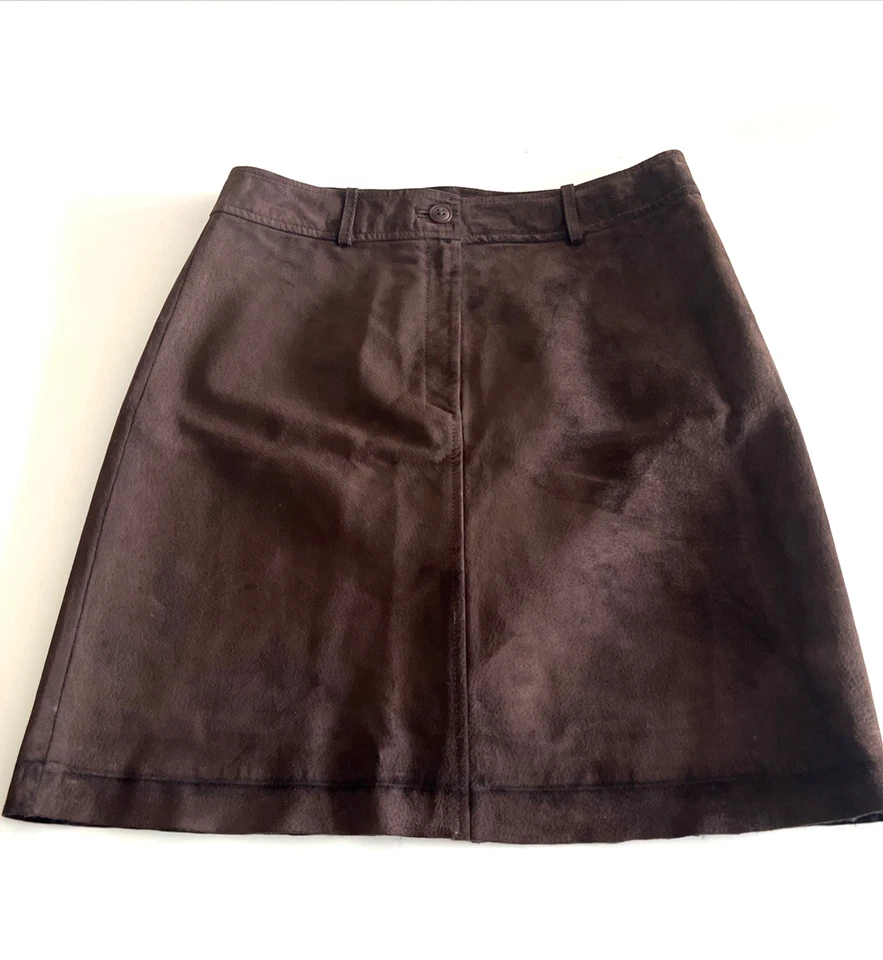 Minifalda vintage de cuero gamuza marrón Siena Studio talla 8 forrada con cremallera frontal Foto 2 de 4