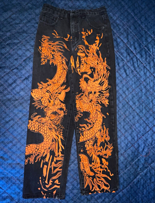 SHEIN Women’s XS Black Cotton Denim Jeans Orange Dragon Graphic Straight Leg