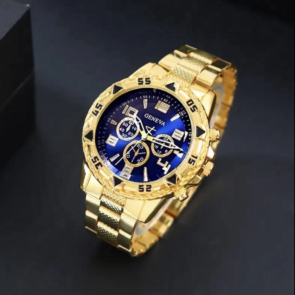 4 изделия роскошь часы комплект мужской Geneva хронограф золото серебро синий белый подарок новый - Изображение 3 из 4